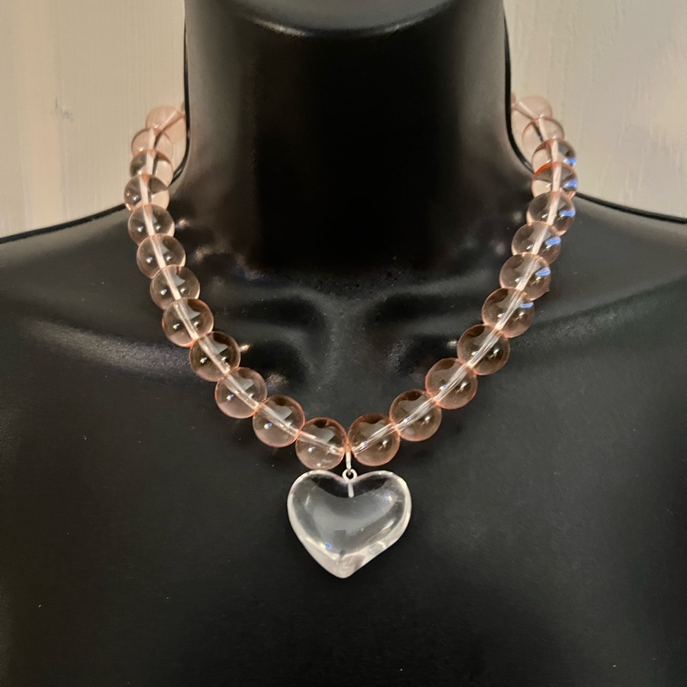 Heart Glass Pendant Necklace with Pink Beads-Piper K design-NEW-Beautiful 17-20”